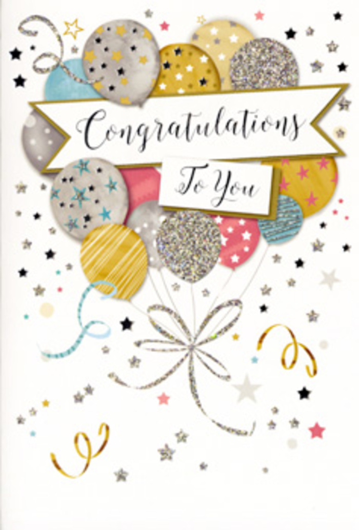The photograph shows a beautifully designed congratulations card that radiates the same uplifting spirit you might feel stepping out of a celebration near Bruce Grove on a bright afternoon. At its heart is a lush arrangement of illustrated balloons, gathered together like an airy bouquet. The balloons vary in size and pattern, layered so that some sit in the foreground while others peek from behind, giving a sense of depth and gentle movement. Their colours are softly sophisticated: muted gold, brushed silver, champagne beige, dusty sky blue, blush pink, and pale dove grey. Each balloon is decorated with fine details-some are sprinkled with glittering stars, others carry shimmering stripes or tiny flecks that mimic scattered confetti, as though the whole scene is glowing under warm indoor lighting. Slender strings in metallic tones of gold and silver descend gracefully, curling at the ends in the same way a florist might carefully finish ribbon tails on a congratulatory bouquet heading out for same-day delivery around Tottenham. A refined banner sweeps across the centre of the card, gently curved as if caught in a light breeze, with the words Congratulations To You penned in flowing, decorative calligraphy. Around the main composition, delicate stars, swirling lines, and ribbon motifs drift across a light, uncluttered background, suggesting confetti and streamers suspended in the air after a joyful toast. The mood of the card is polished yet warm, perfect for honouring exam results, promotions, engagement news, or any proud milestone that deserves a touch of sparkle, much like pairing a thoughtful card with flowers collected from a favourite Tottenham florist on the way to celebrate.