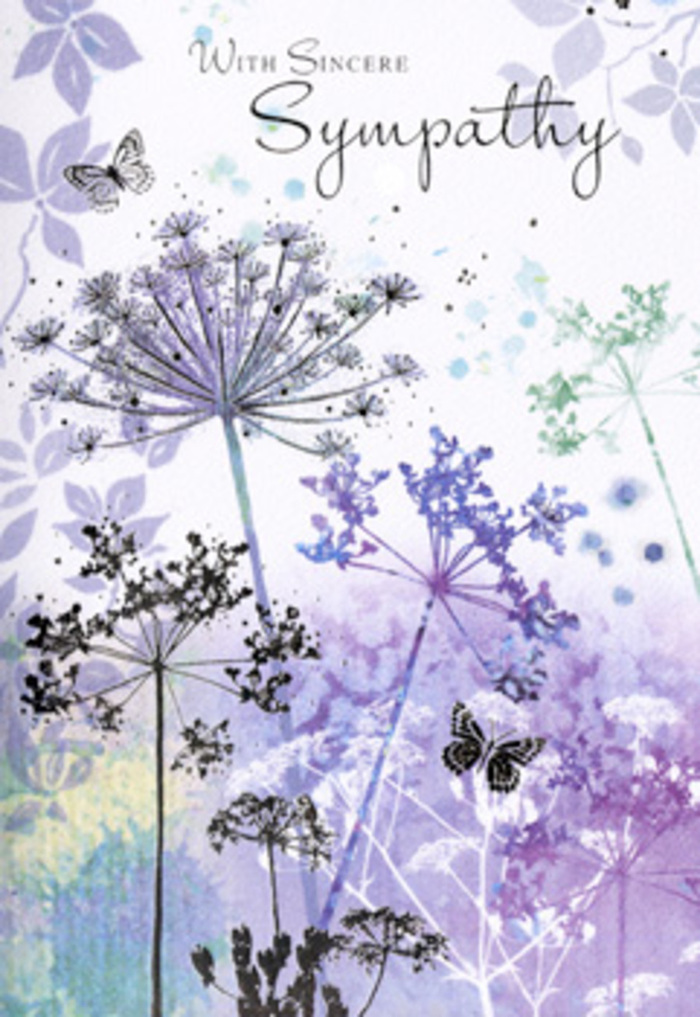 This sympathy card presents a tranquil composition that feels both intimate and expansive, as if you are pausing beside a quiet patch of wildflowers near the edge of Bruce Grove on a misty morning. Tall, spindly stems rise from the lower edge of the card, each crowned with a filigree cluster of umbelliferous blooms, painted in refined layers of soft violet, dusky mauve, and cool silvery green. The flowers are delicately outlined, their tiny florets so finely suggested that they appear to shimmer, like dew catching the first light. At their tips, the forms become almost transparent, giving a sense that the blooms are slowly dissolving into the sky. Two pale butterflies hover among the stems, their wings faintly tinted and semi-translucent, a quiet symbol of transformation and enduring presence. Behind this gentle foreground, the background melts into a soft-focus wash of muted purple and greenish-grey, with no harsh edges-just a serene, watercolour haze reminiscent of the softened horizon over Tottenham Marshes when the air is still. The lighting feels diffuse and forgiving, casting no strong shadows, only an even, embracing glow that wraps around each stem. As a Tottenham florist, I recognise in this artwork the same understated grace that families often seek in funeral and condolence flowers: something that speaks from the heart without overpowering emotion. The card's overall mood is contemplative and deeply kind, designed to accompany a sympathy bouquet with a sense of quiet solidarity, gently affirming that love and memory continue to unfold, like these slender blossoms, in their own unhurried time.