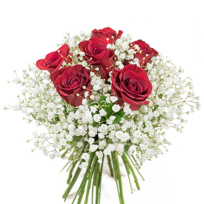 There is a distinct artistry in arranging a bouquet where deep red roses are cradled by frothy expanses of baby's breath, as any seasoned Tottenham florist will tell you. These roses, each with luminous, velvet-smooth petals and a dramatic crimson hue, are carefully gathered to evoke a sense of classic romance, their fully opened blooms radiating emotion and vitality. Encircling them, the gentle clusters of white gypsophila add both contrast and softness, their countless tiny blossoms imparting a sense of innocence beneath the rich, passionate reds. The bouquet's rounded, full-bodied form feels inviting, with each stem set carefully in a clear glass vase, the abundant greenery adding vibrancy beneath the surface. Against the stark white background, every detail stands out-from the intricate texture of each petal to the airy, cloud-like sprays interwoven throughout. Whether delivered to a doorstep on Tottenham's charming residential streets or presented in a moment of heartfelt celebration, this arrangement resonates with artistry and emotion, beautifully capturing the balance between bold passion and gentle sentiment-a timeless choice for loving gestures or marking life's milestones.