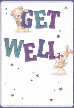 This delightful get well card, evoking the gentle community spirit of Tottenham, invites immediate warmth and reassurance. The artwork captures two endearing friends: a plush teddy bear, perched with affection on the oversized word 'GET,' and a playful puppy, balancing joyfully atop 'WELL'. Their soft, rounded forms and expressive, caring eyes imbue the scene with an aura of gentle support, perfectly echoing the sentiments one feels receiving a bouquet from a local florist after a stroll in Lordship Recreation Ground. Swirls of deep purple and teal carry across the prominent text, standing bold against the velvety simplicity of a clean white background-colours and clarity reminiscent of a freshly arranged vase in a Tottenham home. Scattered among them, stars in various cool shades twinkle with promise and magic, like the quiet hope carried in each petal we deliver to neighbours recovering nearby. The illustrated fur on both bear and pup is rendered tactile and inviting; you can almost feel the softness beneath your fingertips. Every careful line and splash of colour evokes the thoughtful artistry of bouquet-making, with each star a symbol of encouragement and care from the Tottenham community. The card radiates a sense of lightness and nurture, a small but powerful gesture to comfort someone in need and brighten their path to wellness.