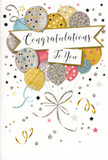 In this image, a joyful congratulations card is displayed, the design capturing the same sense of excitement as walking past a bustling celebration near Tottenham Hale. The central focus is a cluster of illustrated balloons that rise together like a carefully arranged party bouquet. They are drawn in an elegant mix of metallic-inspired colours-soft gold, cool silver, champagne, sky blue, blush pink, and misty grey-each balloon slightly overlapping the next to create a layered, three-dimensional effect. Their surfaces are decorated with delicate patterns: tiny sparkling stars scattered across some, fine stripes circling others, and subtle glitter-like textures that catch the eye, suggesting a gentle shimmer under indoor lighting. From the base of the balloon cluster, flowing strings in gold and silver tones trail downward, curling and looping like the ends of ribbons tied around a luxury bouquet from Flowers Tottenham. A sweeping banner drifts across the middle, carrying the message Congratulations To You in graceful, looping calligraphy that feels both personal and elegant. Around the balloons and banner, small metallic stars, curls, and confetti-style swirls float across a pale, uncluttered background, evoking the playful energy of streamers and party decor at a gathering in N17. The entire composition feels light, airy, and sophisticated, with a celebratory mood that makes this card perfect for marking graduations, work promotions, new homes, or any meaningful success. It's the paper equivalent of a sparkling, uplifting floral arrangement-designed to carry heartfelt pride and happiness to someone special in and around Tottenham.
