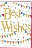 The congratulations card in the image radiates the kind of bright, hopeful energy you might associate with a community celebration in Tottenham. At its centre, the phrase Best Wishes is written in large, sweeping golden script, the letters shimmering with a metallic finish that stands out clearly against the pure white background. The script feels slightly raised, suggesting a subtle embossed texture that would catch both light and fingertips, giving the design a luxurious yet friendly quality. Curving over the top of the message and again beneath it, strings of colourful bunting form soft, festive arcs, reminiscent of flags hung across a local street party near Tottenham Hale. Each small triangular pennant is painted in vivid hues-bold blues, lively reds, grassy greens, warm yellows, and a few softer tones-with simple patterns of stripes, dots, and tiny decorative shapes that lend a handcrafted charm. Between the bunting strands and around the lettering, small stars and round confetti-style dots are scattered like playful bursts of colour, some solid, some with the faintest hint of sparkle. They give the impression of movement, as if confetti has just been tossed into the air and is gently drifting down. Despite the abundance of detail, the design remains airy and well-balanced, with plenty of white space that keeps the overall feel light, modern, and elegant. This card would be fitting for sending congratulations on a new home, a baby, or a well-earned achievement, especially when paired with a fresh bouquet delivered across Tottenham, carrying with it a message of joy, optimism, and heartfelt support.