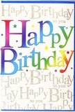 The photograph presents a cheerful birthday card whose design instantly feels as upbeat as a weekend gathering in a Tottenham café. Centred across the front, the words Happy Birthday are printed in large, confident lettering, each letter bathed in its own band of colour so that together they form a full rainbow sweep. The gradient runs smoothly from deep red and magenta through glowing orange and sunshine yellow, into bright leafy green, aquamarine, and rich blue, finishing in soft violet, like a line of colourful bunting strung over a celebration near Tottenham High Road. The letters are bold but gently rounded, with a soft, almost velvety appearance to the colour, giving the design a friendly, approachable feel. Behind this, the card's background is filled with delicate golden handwriting repeating the phrase Happy Birthday to you over and over, as if a quiet chorus of well-wishers were humming along in the background at a home party near Downhills Park. The script is fine and elegant, with a light metallic glimmer that catches the light and hints at a dusting of glitter or foiled ink, yet stays understated enough to let the rainbow letters take centre stage. Scattered around the text are tiny, colourful accents-pinpricks and specks that recall confetti tossed into the air when candles are blown out. The card's composition balances playful colour with refined golden detail, making it suitable for both youthful celebrations and more grown-up birthdays in Tottenham. It feels like a ready-made burst of happiness, waiting to be handed over with a smile.